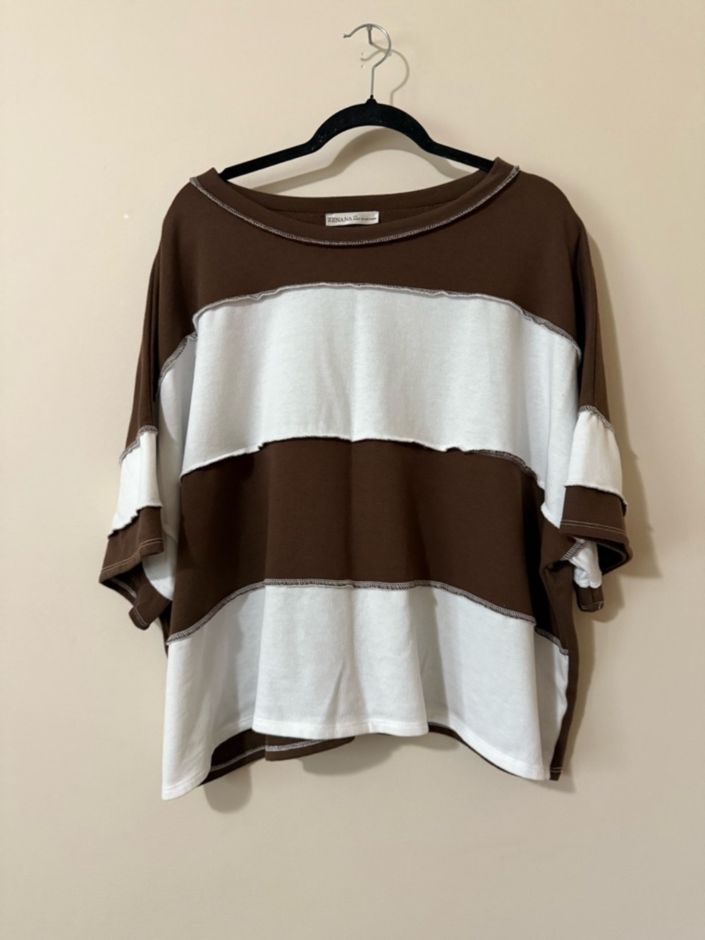 Zenana Outfitters Brown & White Oversized Striped Tee. Never Worn.